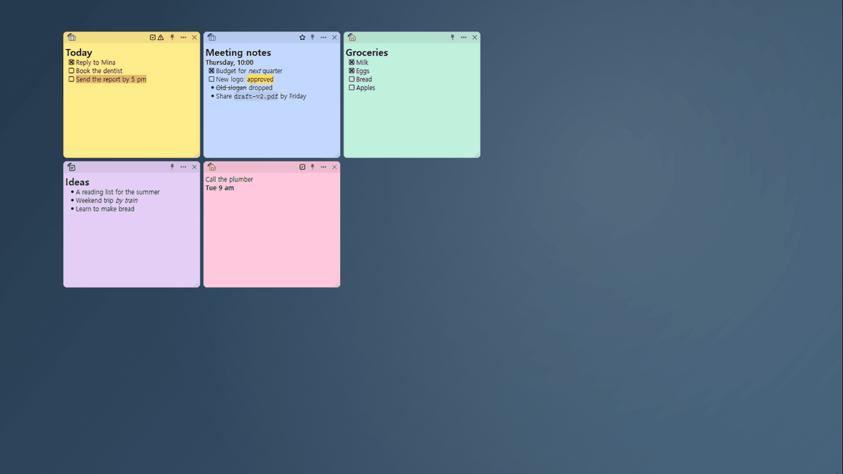 Notes on the desktop — categories, marks, checklists and highlights