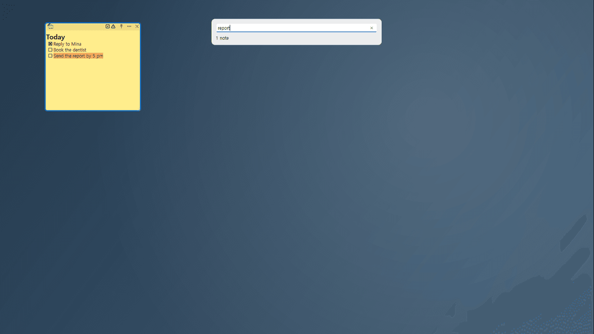 Find on the desktop — only the matching notes stay